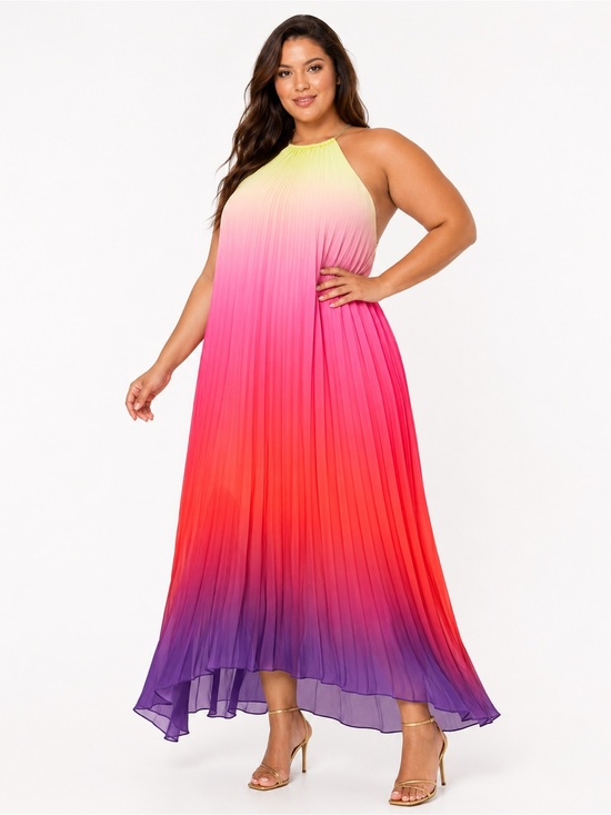 Fashion Nova Dresses & Skirts - Fashion Nova Sunset Ombre Pleated Backless Halter Maxi Dress Size 1X